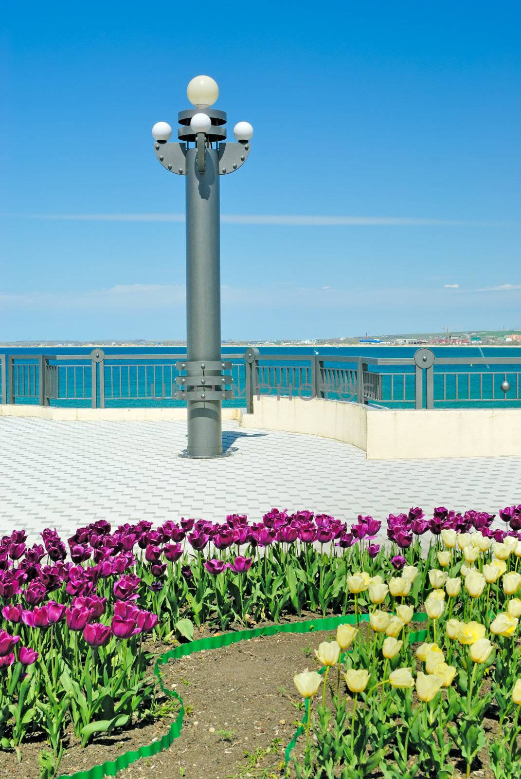 Lamp post and flower bed on quay by mahout