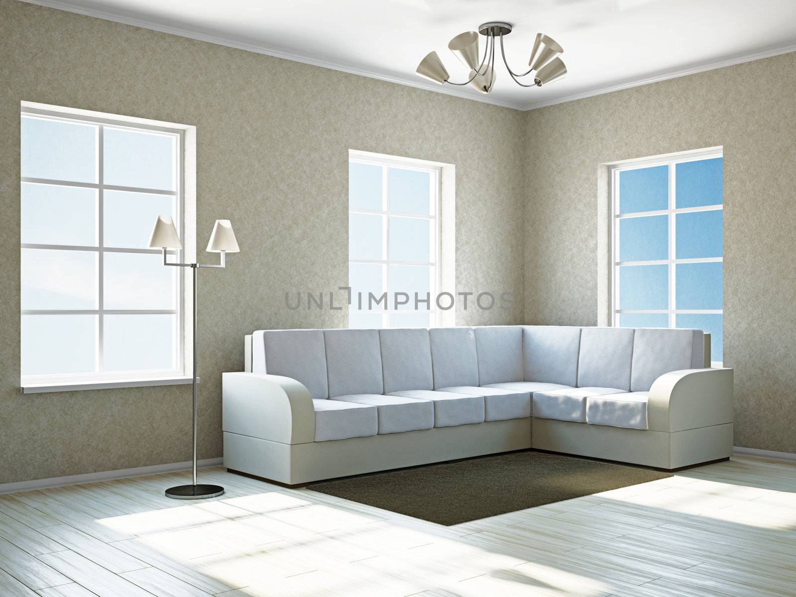 Livingroom with white sofa  near the windows