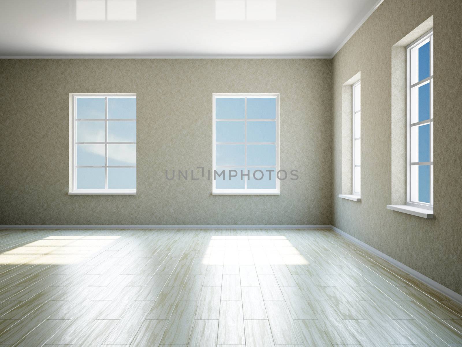 The empty big room with four windows