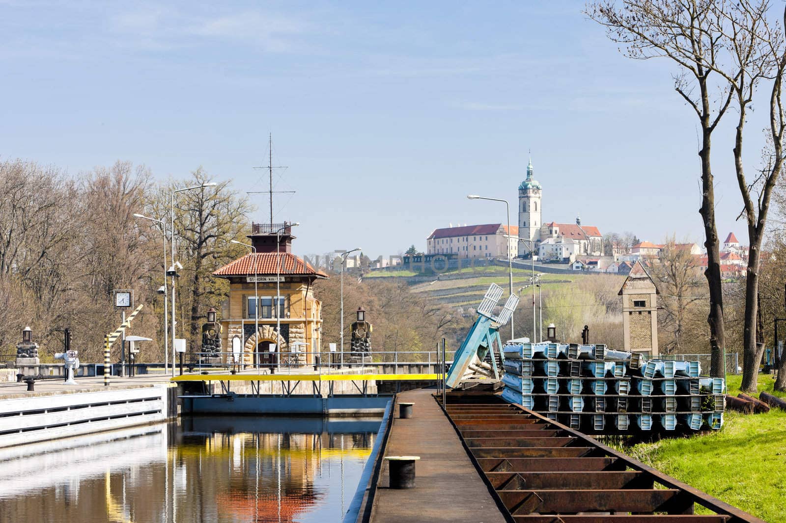 Horin lock and Melnik Castle at background, Czech Republic
