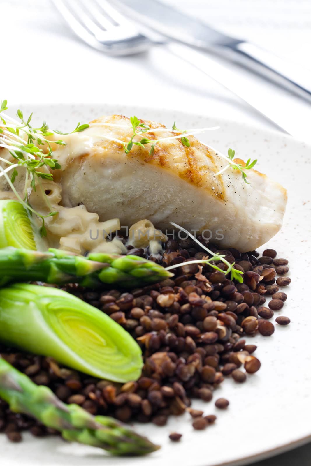 butterfish with green lentils, leek and green asparagus