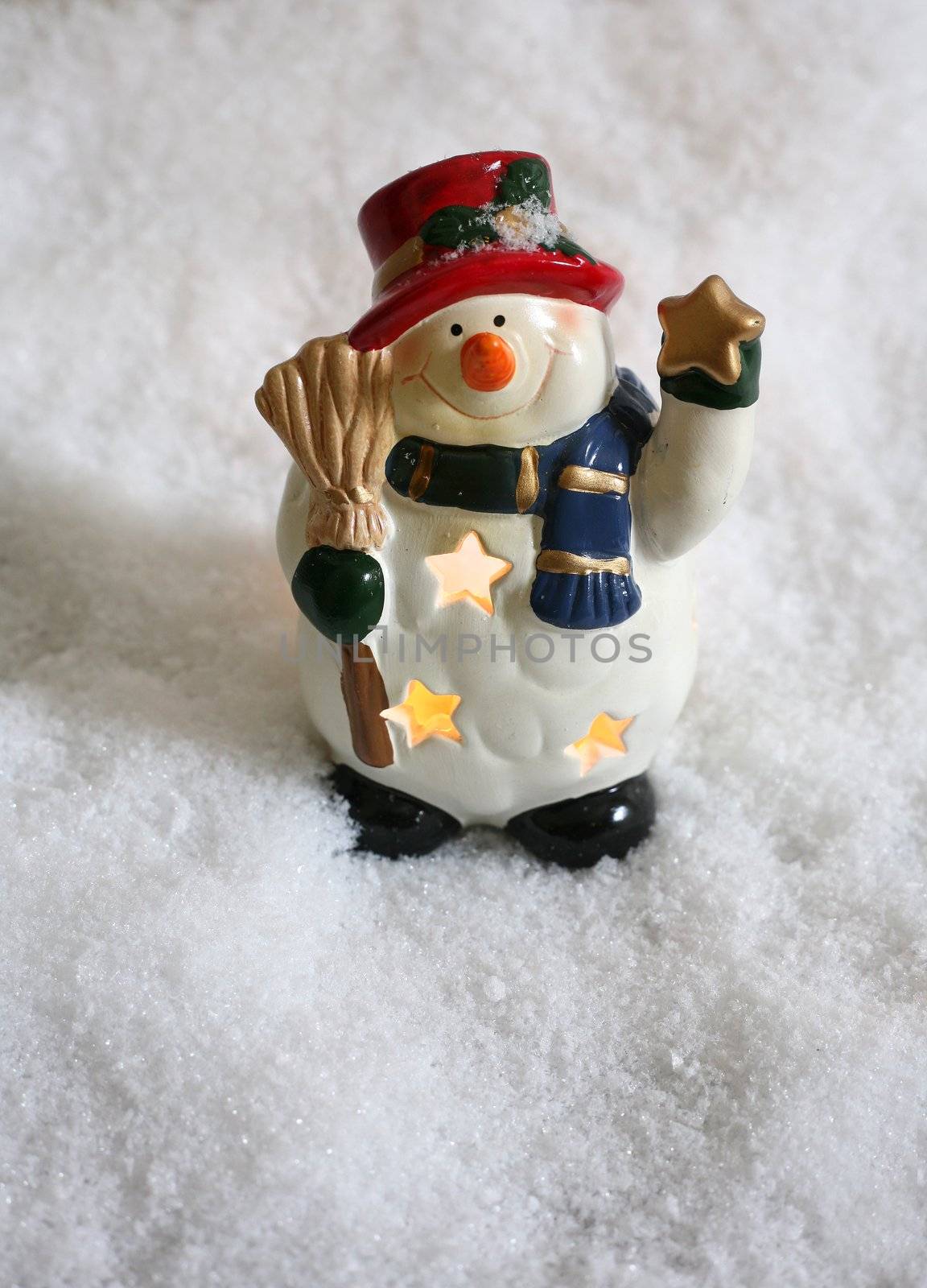 Toy of the snowman in snow
