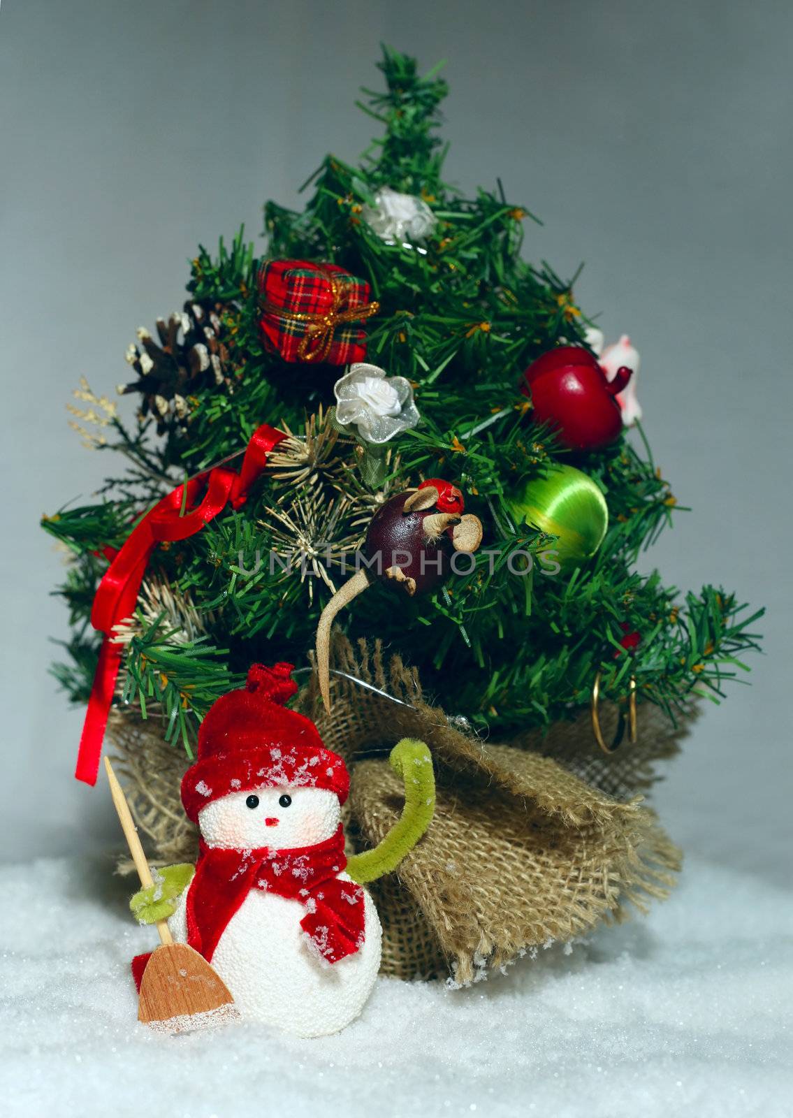 Toy of the snowman in snow and fur-tree