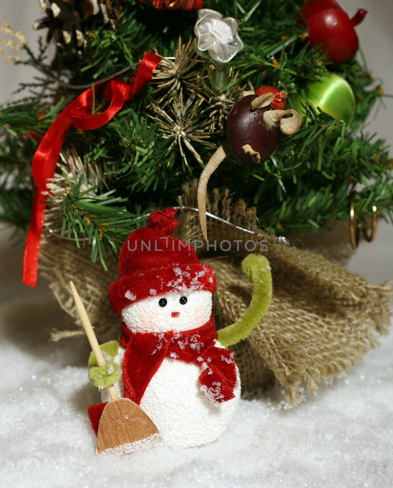 Toy of the snowman in snow and fur-tree