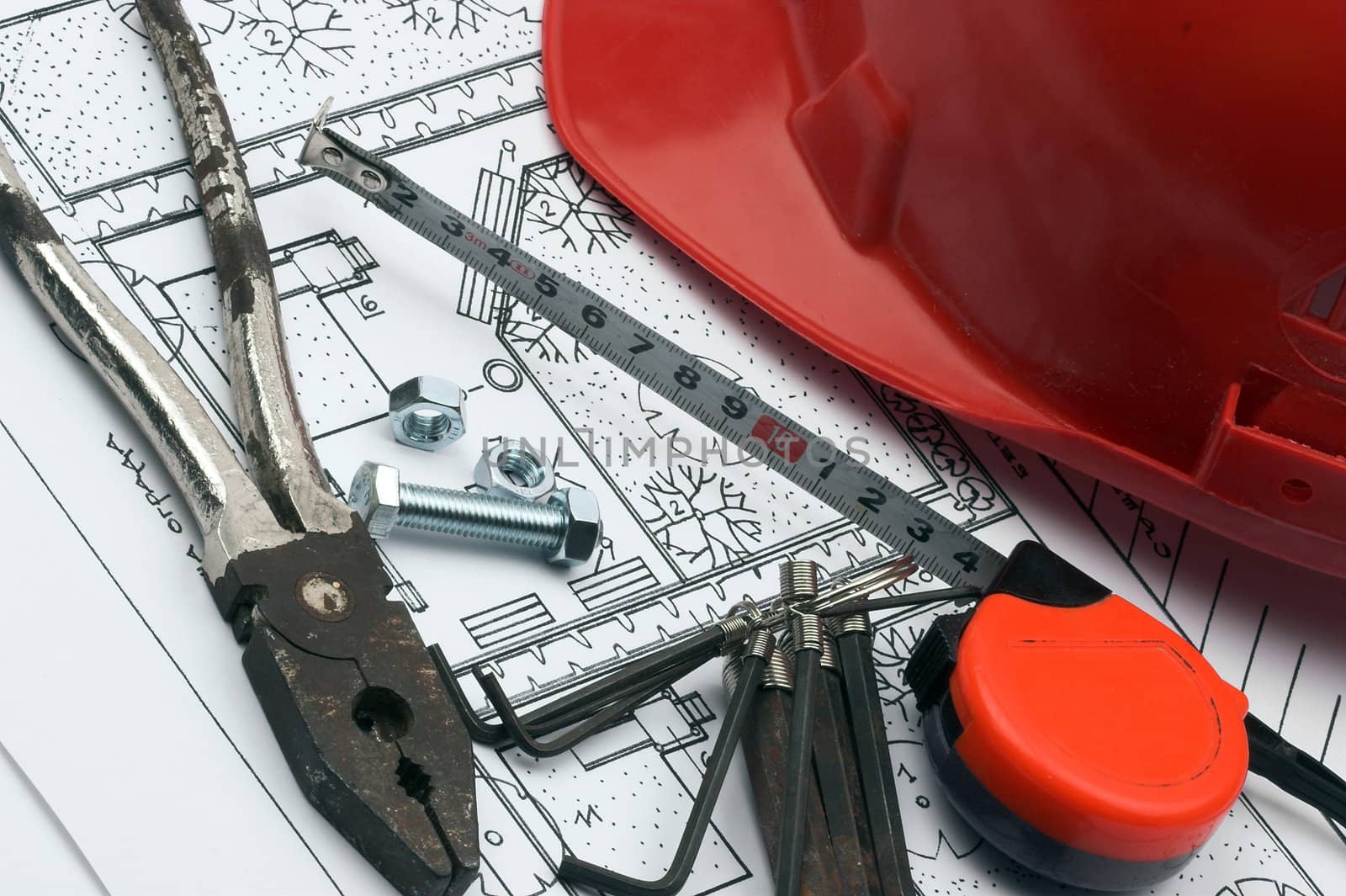 Red helmet and working tools