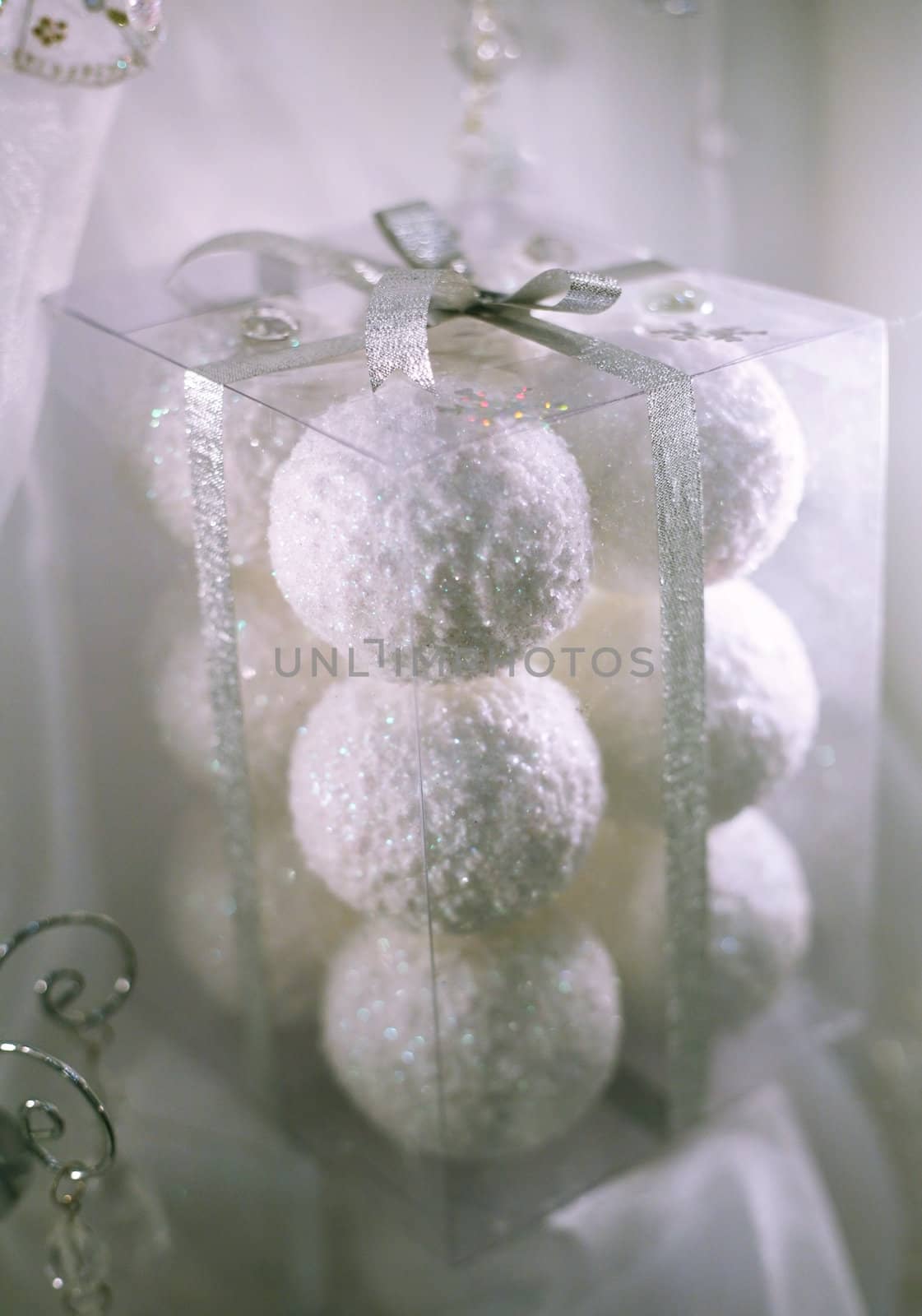 White christmas balls in a transparent box