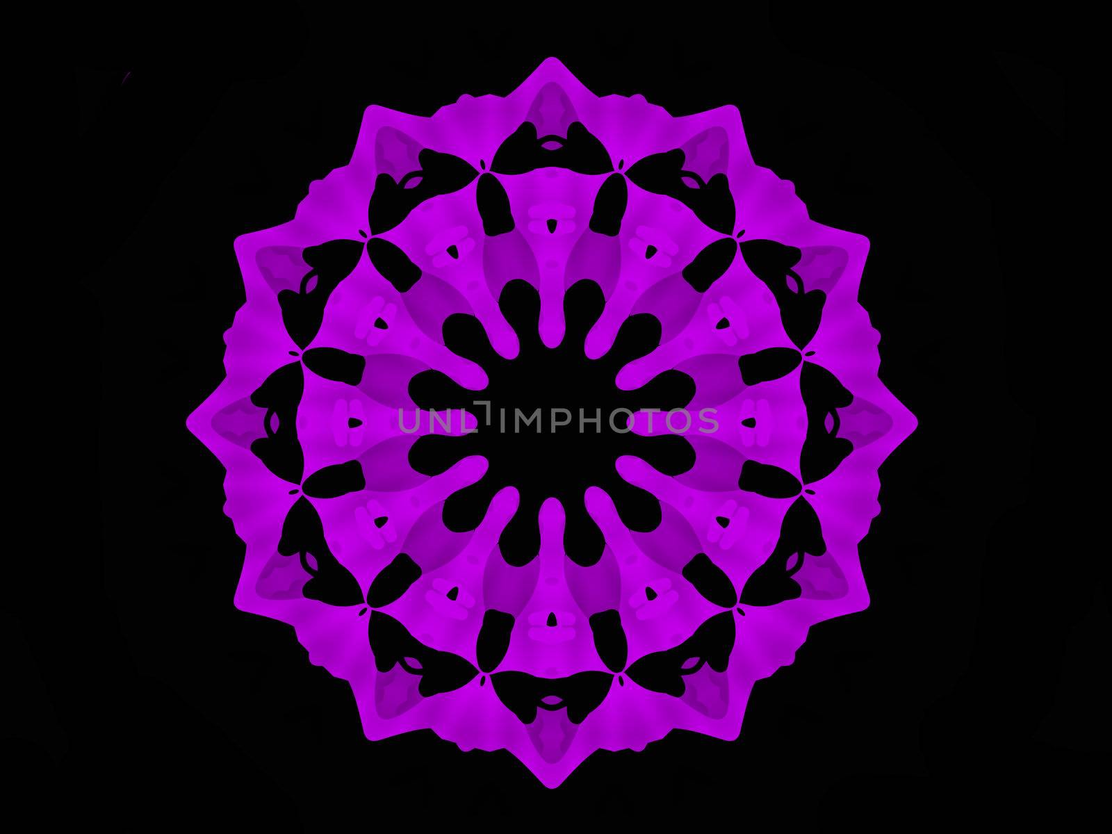 A circular mandala shaped fractal done in shades of mauve on a black background.