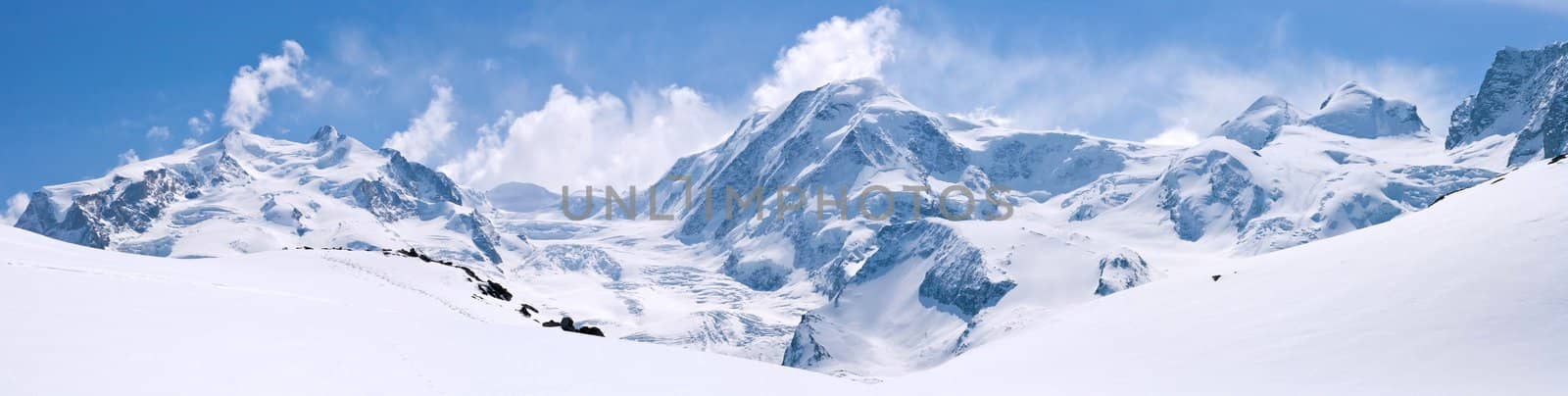 Panorama of Snow Mountain Range Landscape with Blue Sky at Matterhorn Peak Alps Region Switzerland