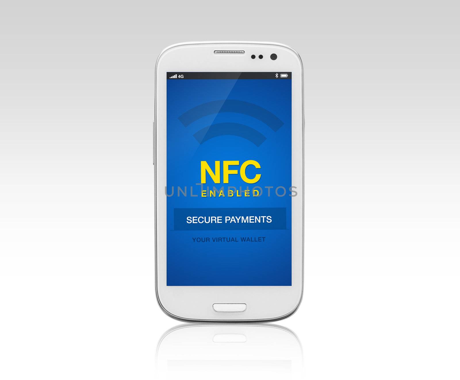 A NFC enabled mobile phone with reflection on gradient background. 