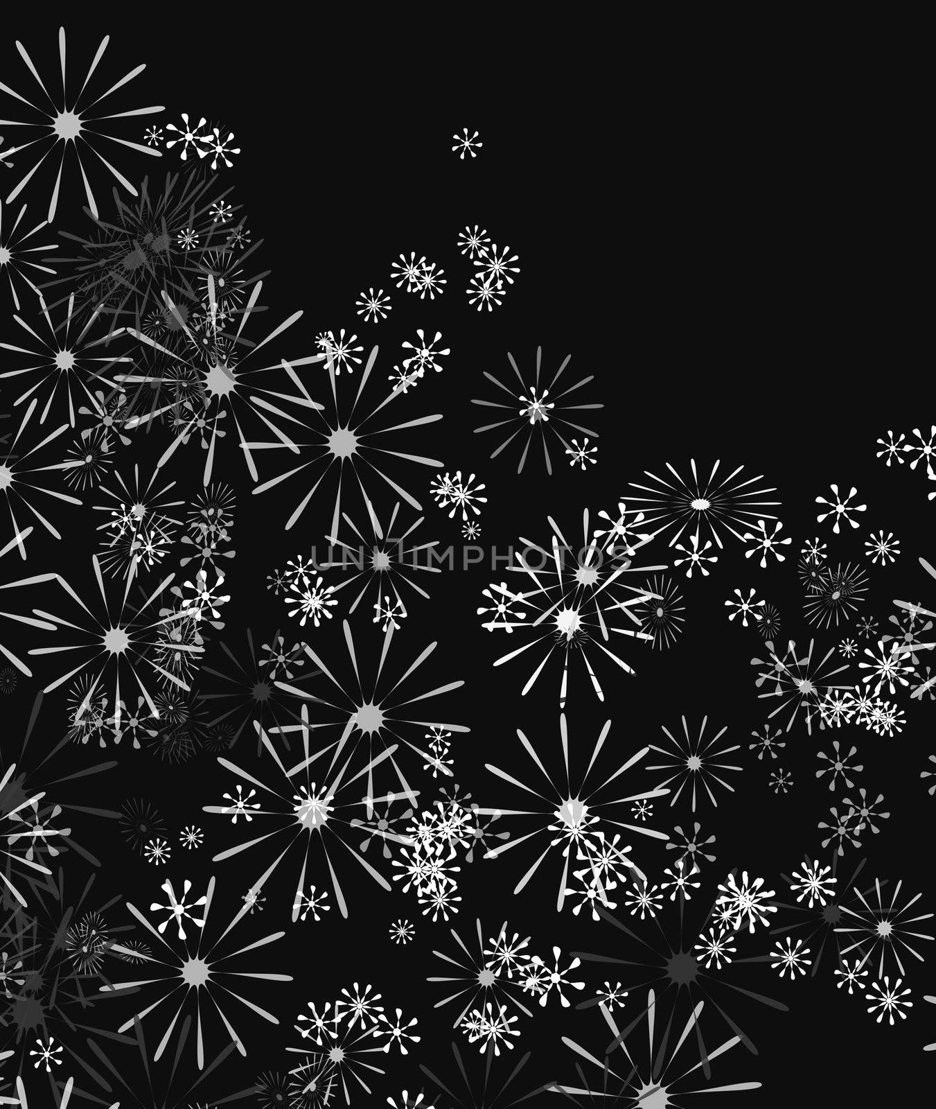 Abstract illustration depicting many pale flowers against black background.