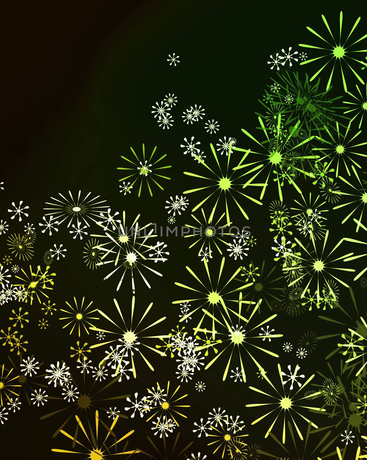 Abstract illustration depicting many pale green and cream flowers against black background.