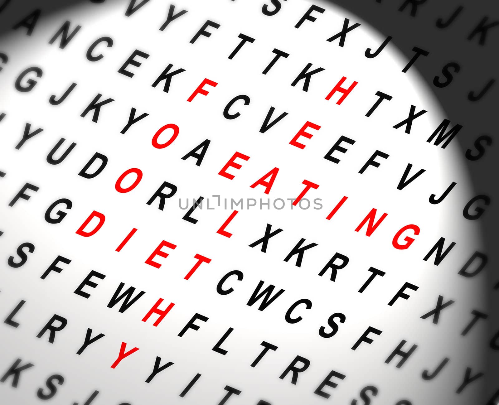Illustration depicting a wordsearch with spotlight effect in the centre revealing diet concept words in red.