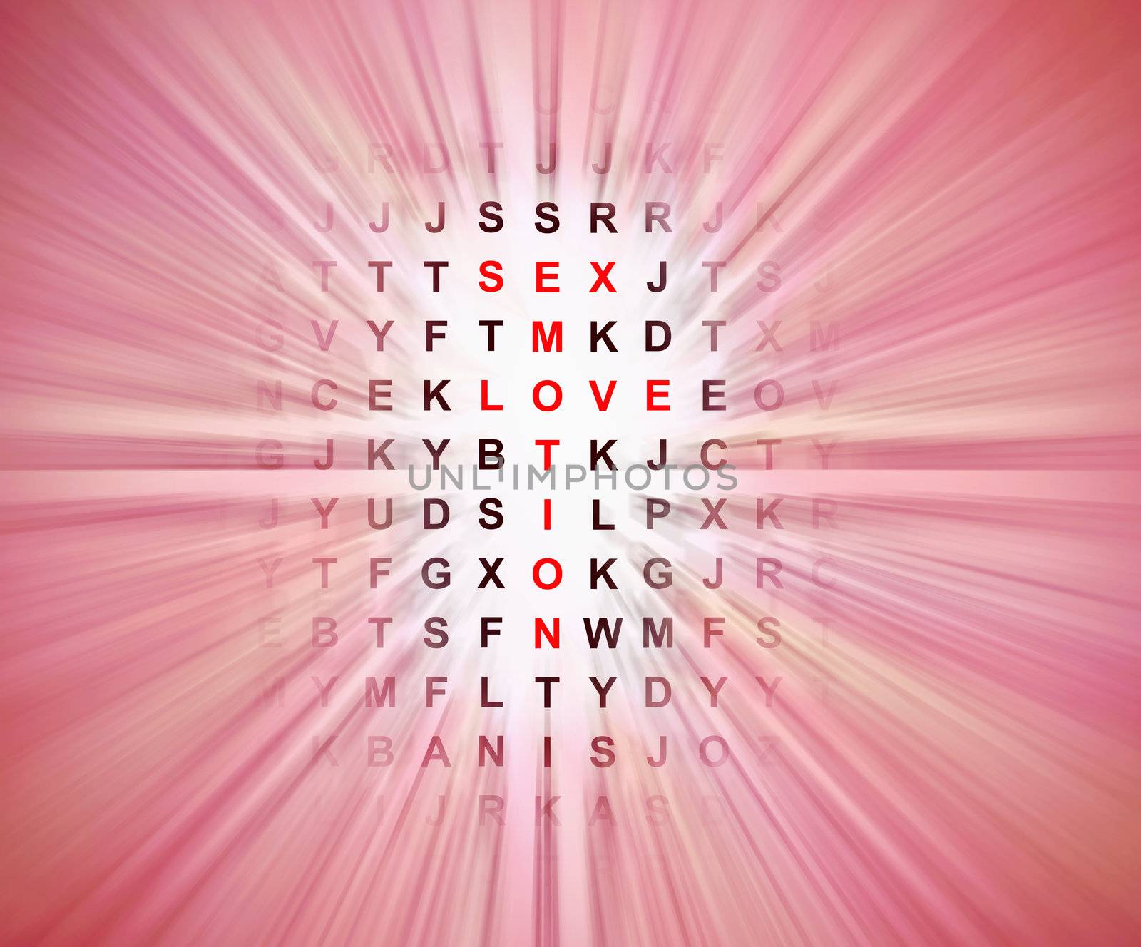 Illustration depicting a blurred wordsearch with centre focus revealing relationship concept words in red.