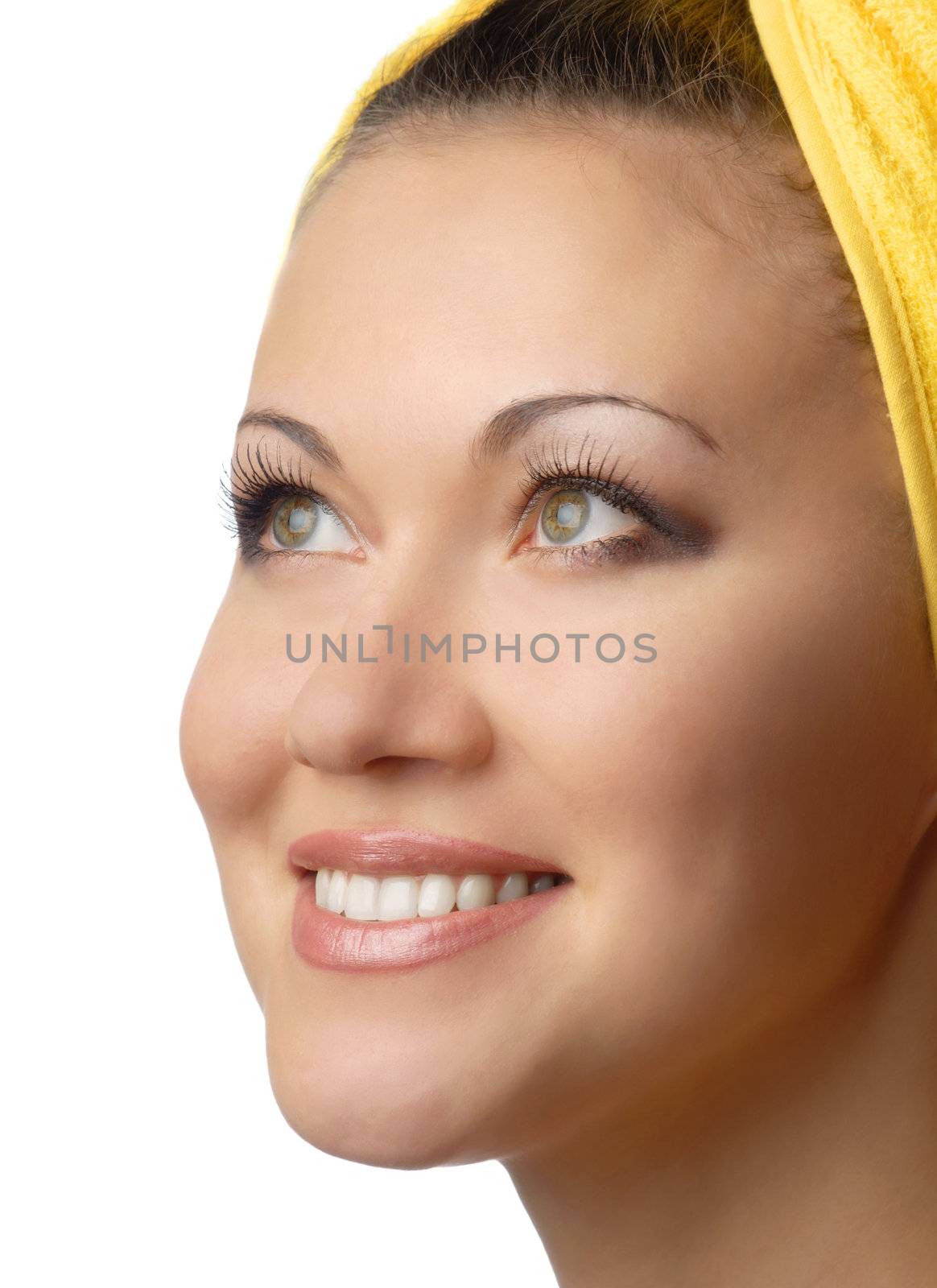 Beautiful smiling woman with make-up of lips and lashes