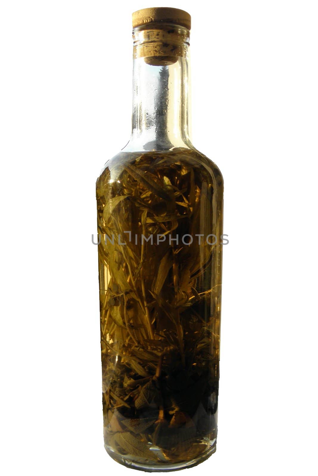 Photo of a bottle of vinegar with herbs. Provided free object.