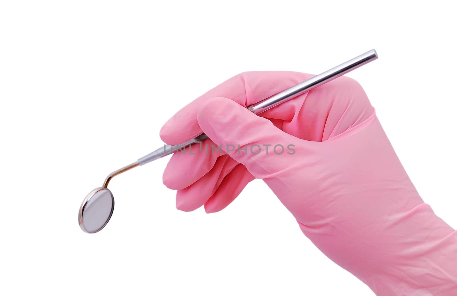 dental mirror in hand with a doctor in a pink glove