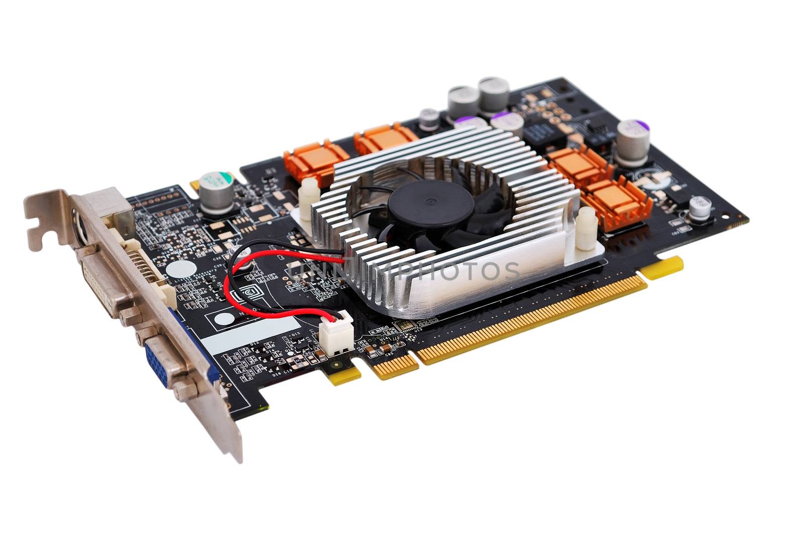 video card with three outputs on a white background