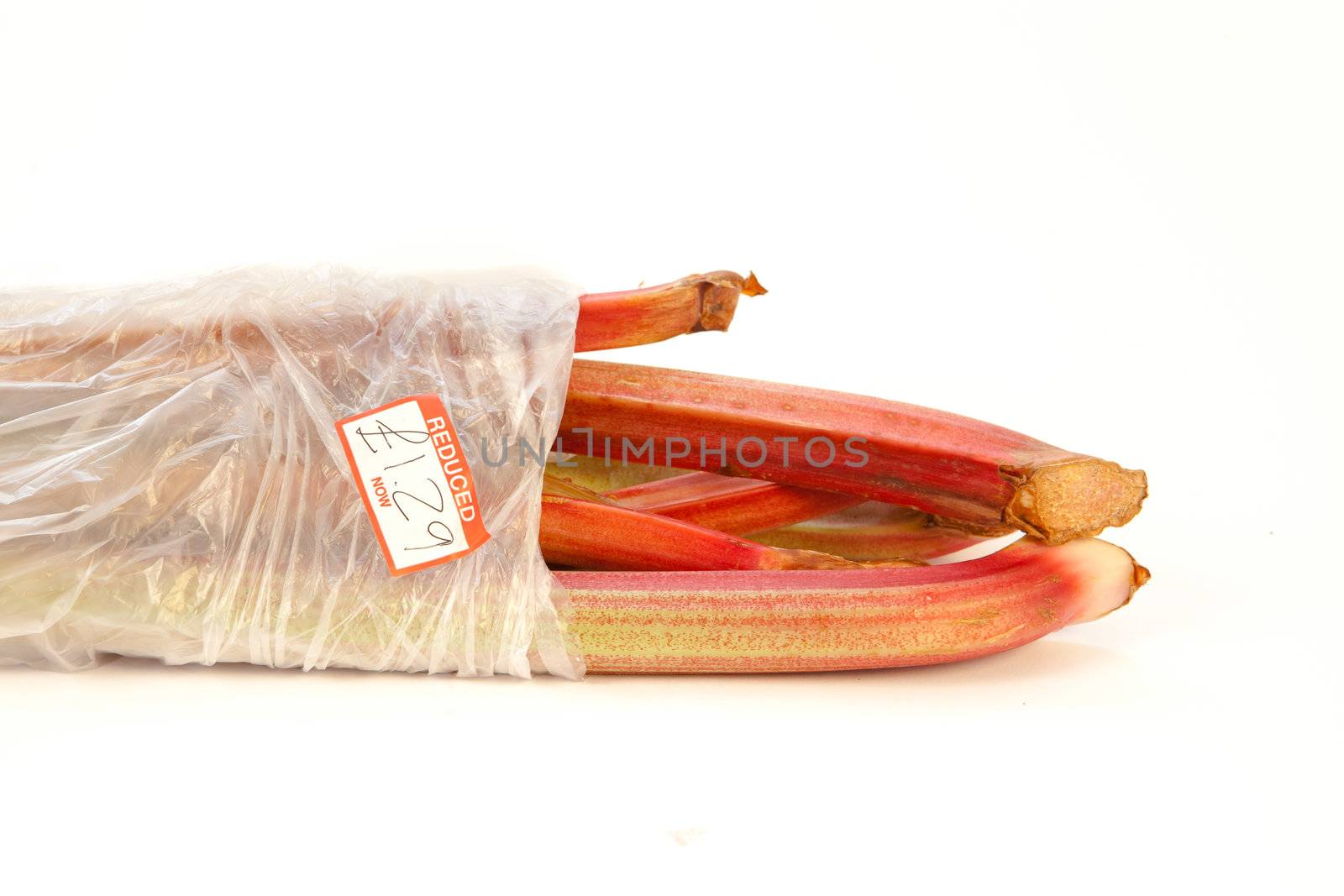 Bag of rhubarb discounted isolated on white