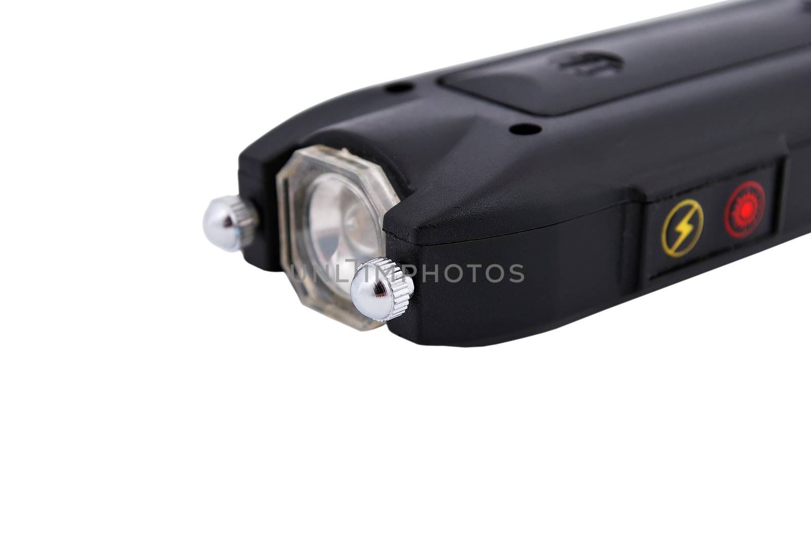 Black stun gun standing on white background