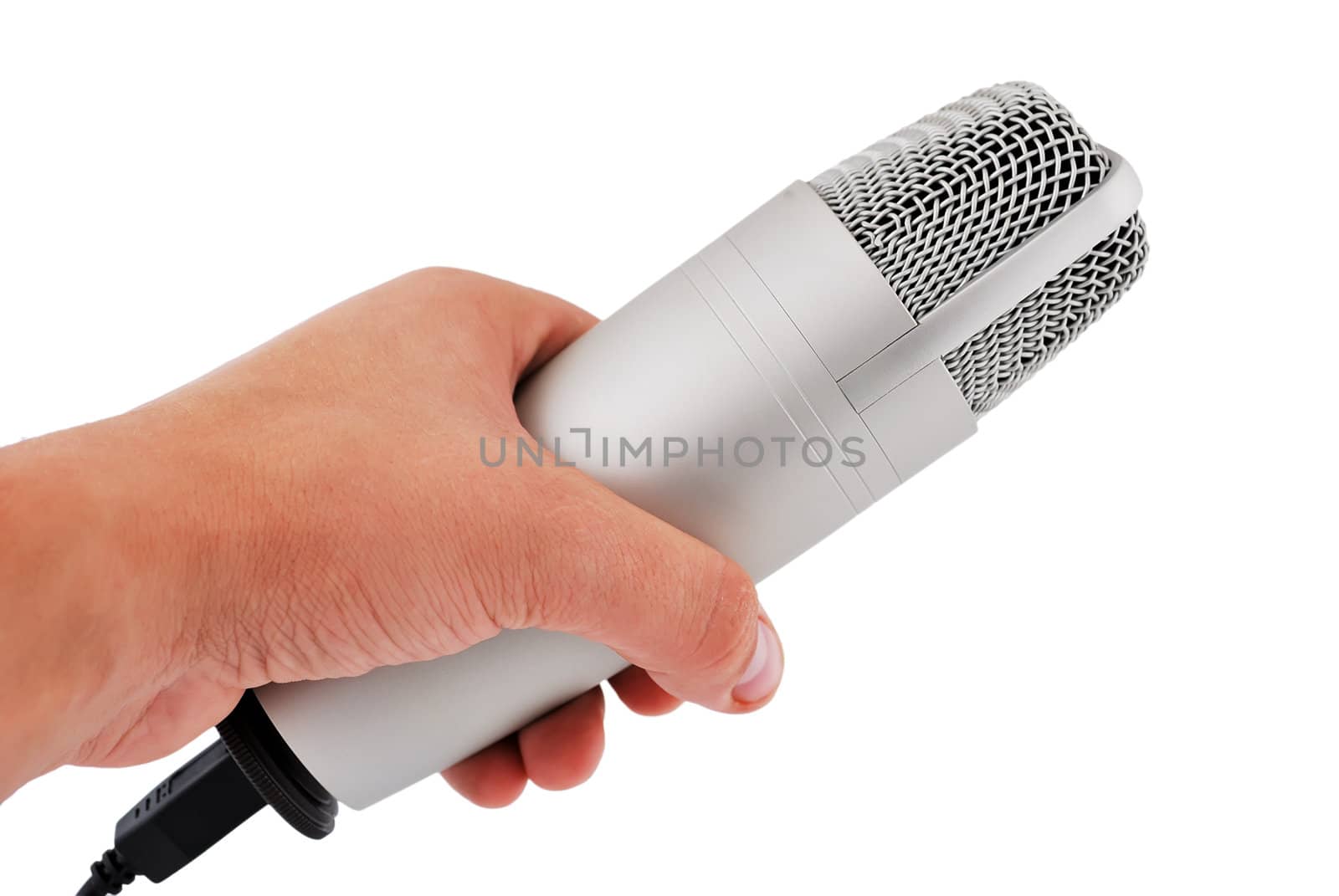 professional microphone in hand on a white background