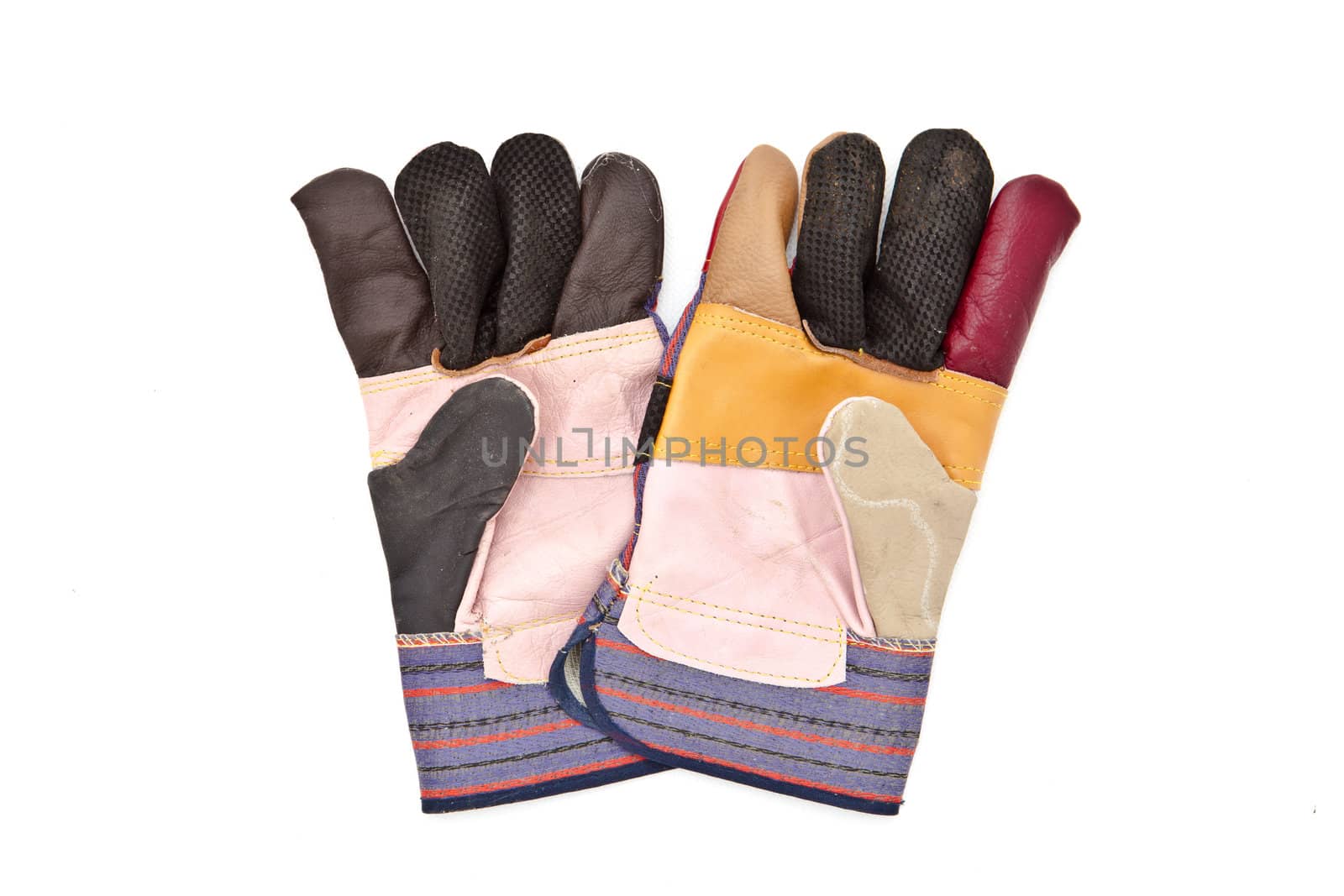 Pair of heavy duty men's gardening gloves on white background