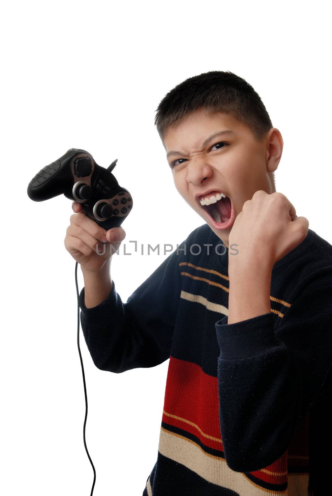 Studio photo of boy winning in computer game