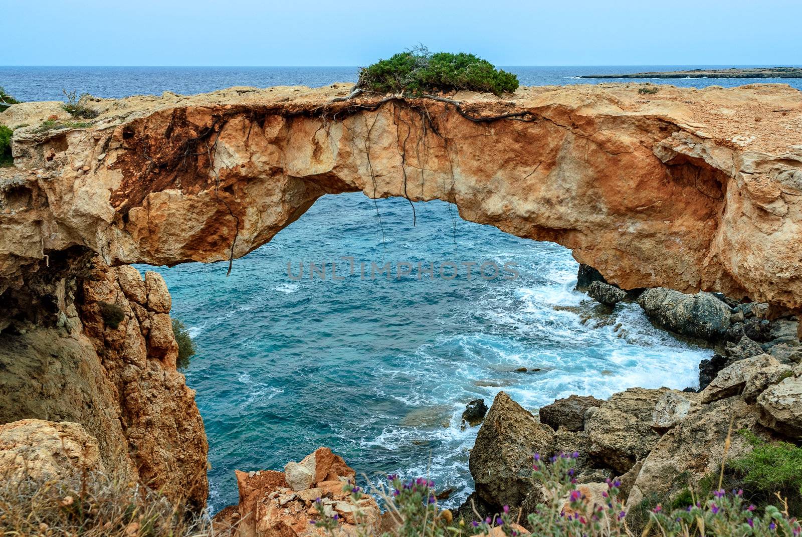 Stone arch over coastline by mahout