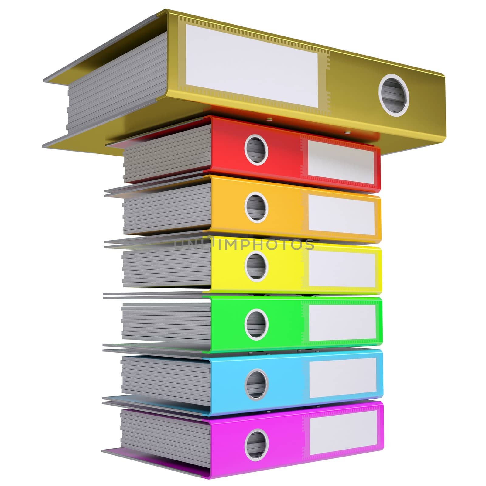 A stack of office folders, folder golden on top. Isolated render on a white background