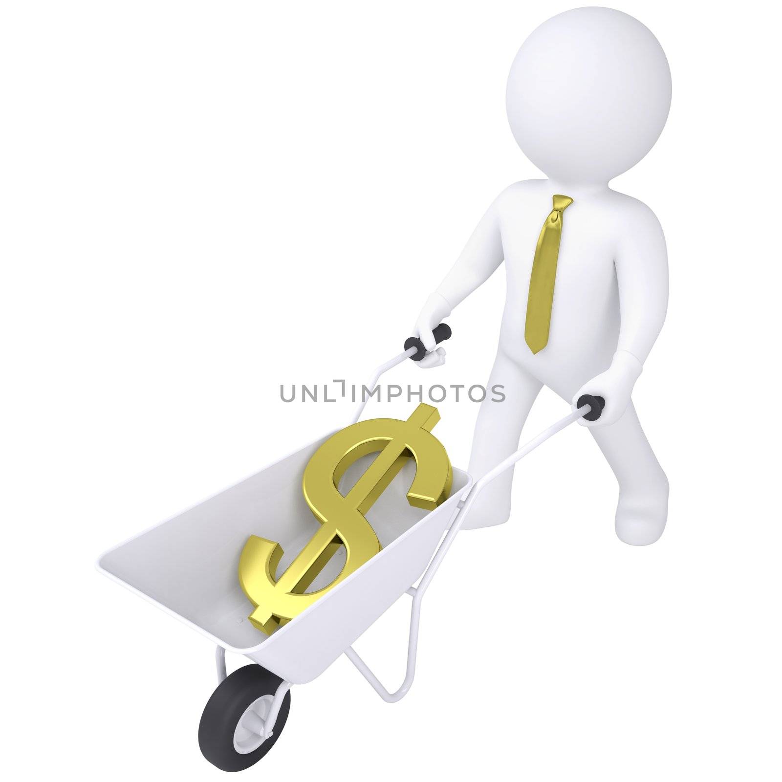3d white man carries a wheelbarrow with the euro. Isolated render on a white background