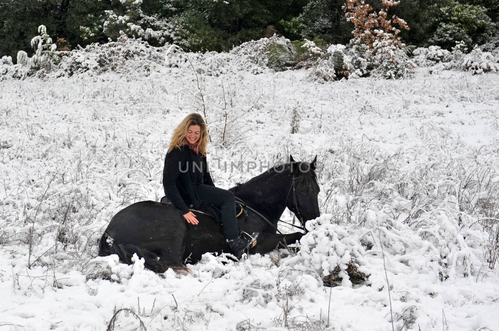 blond girl and her black stallion laid down in the snow