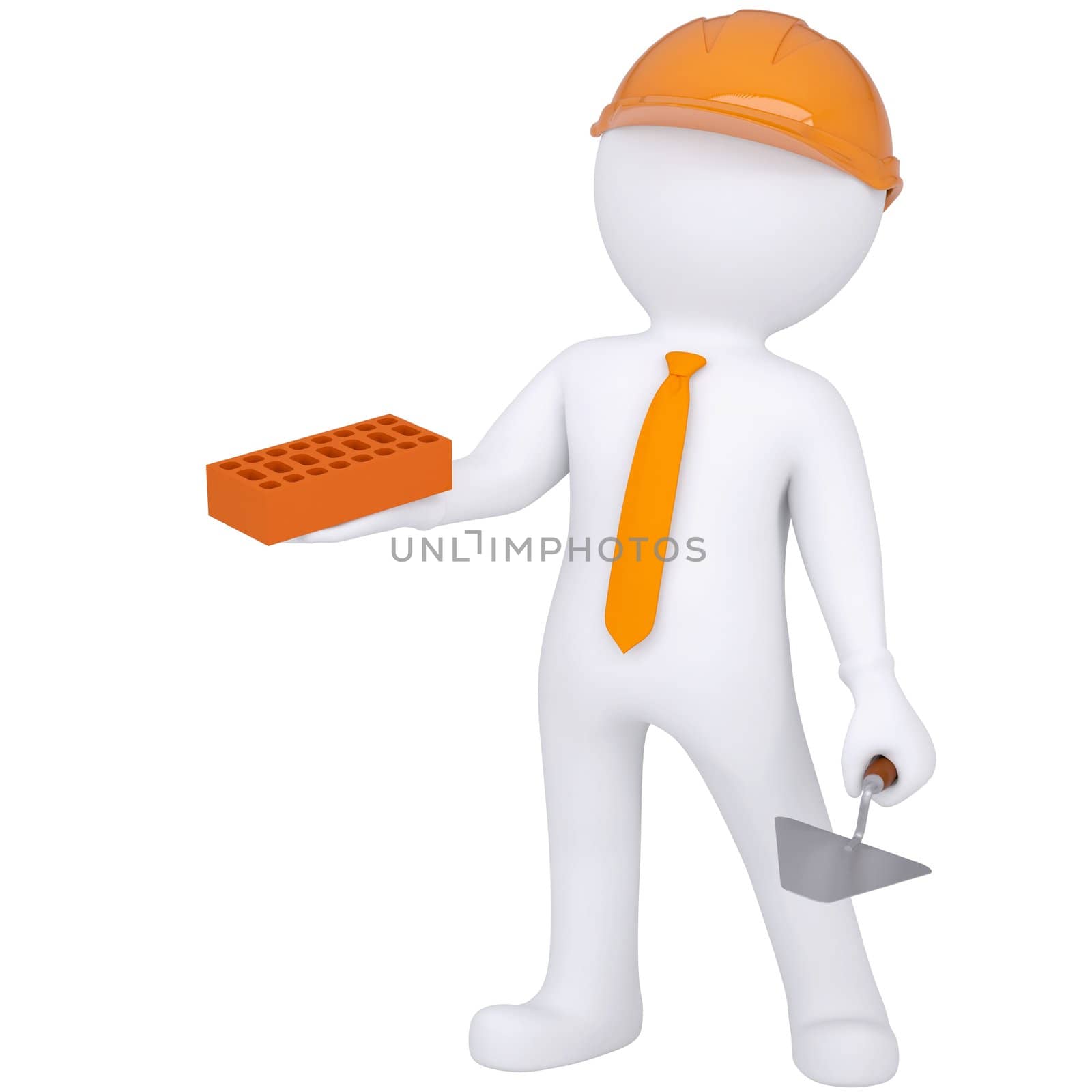 3d white man in helmet holding brick and trowel. Isolated render on a white background