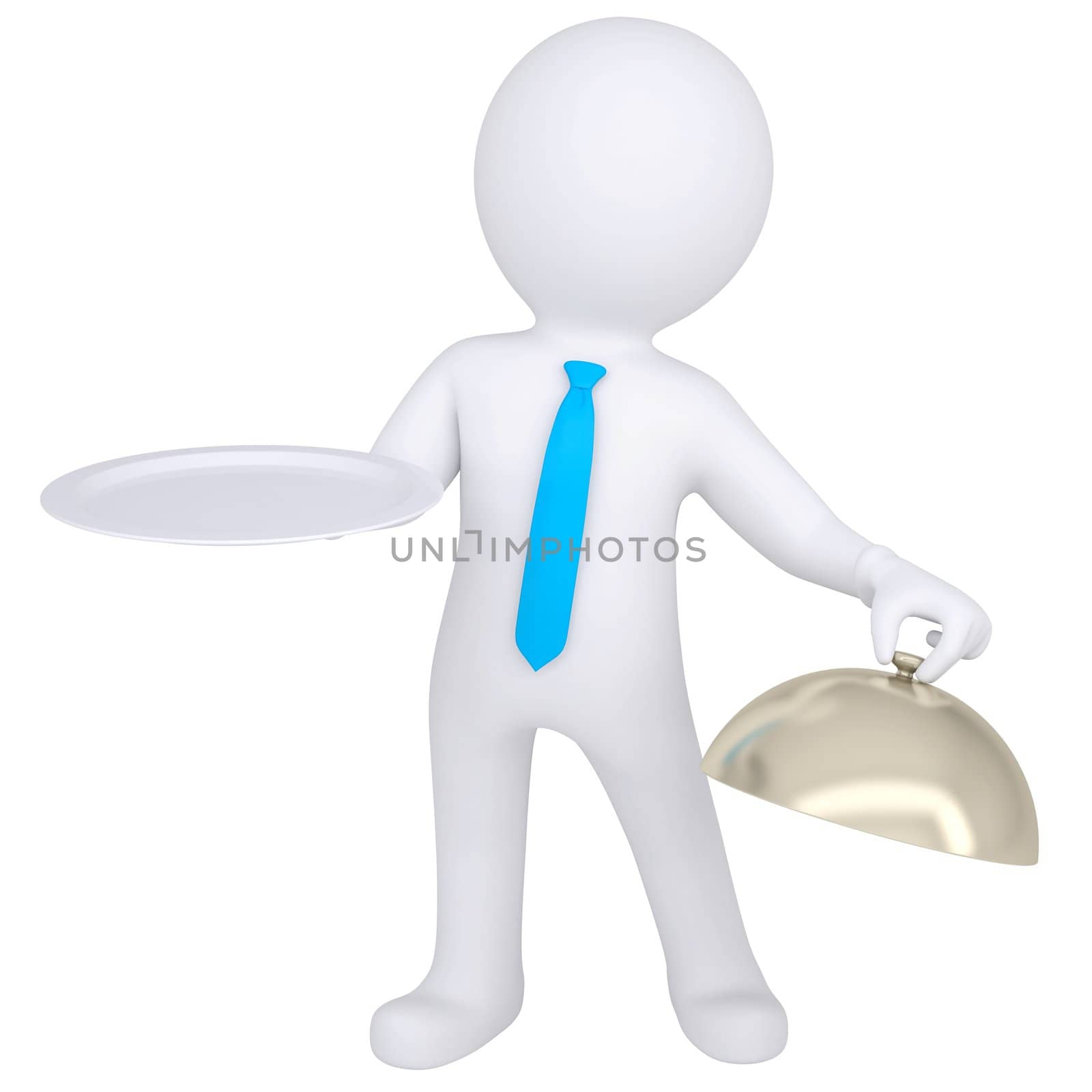 3d white man holding a bowl in his hand. Isolated render on a white background