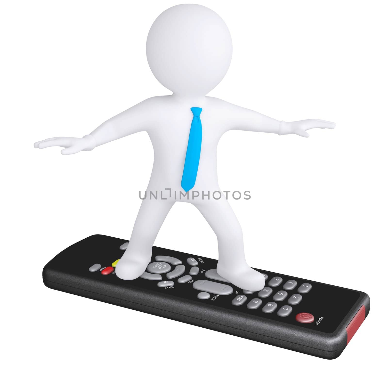 3d white man standing on the remote. Isolated render on a white background