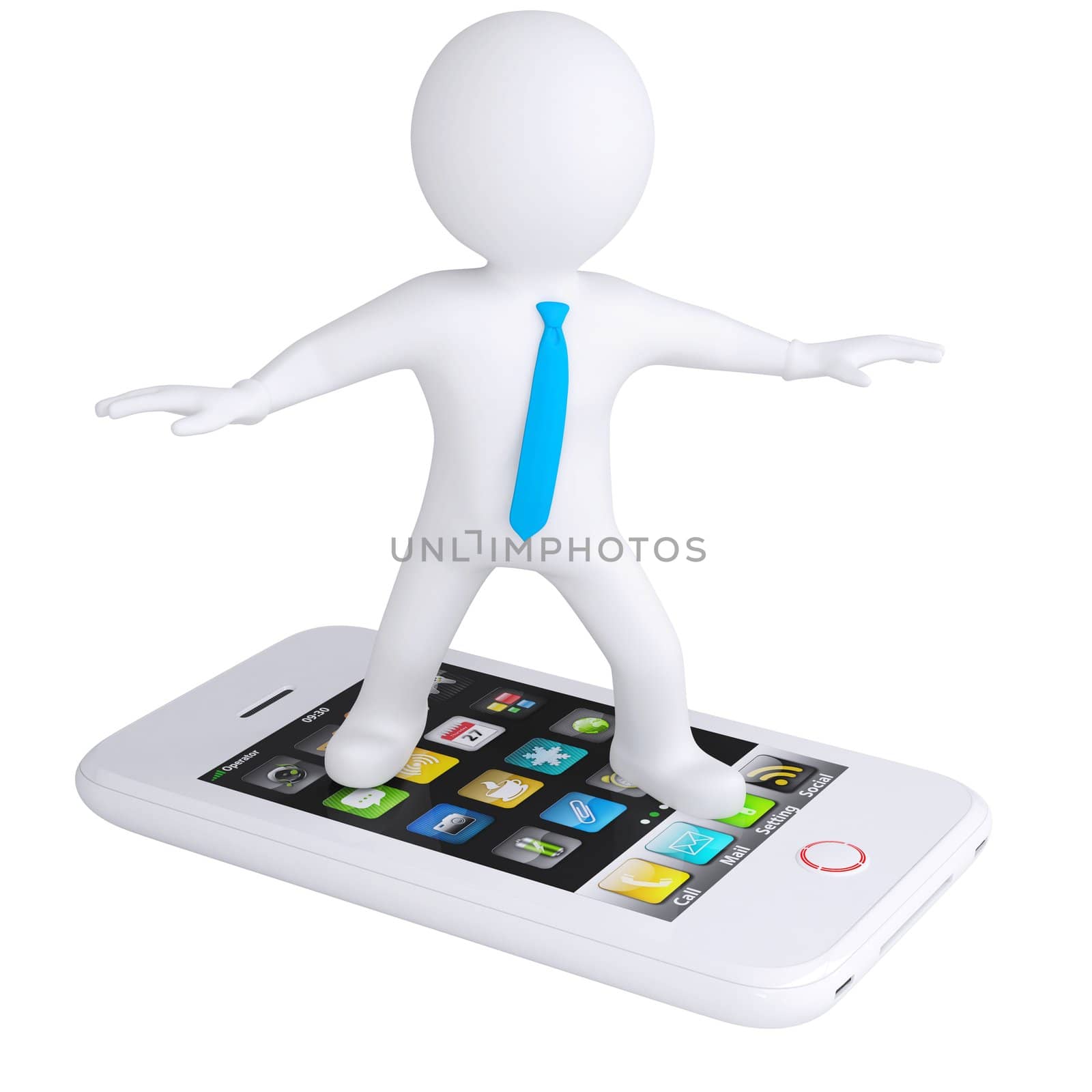 3d white man is on the phone. Isolated render on a white background