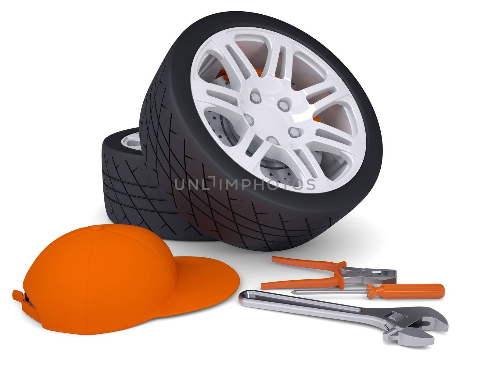 Car wheel and tools. Isolated render on a white background