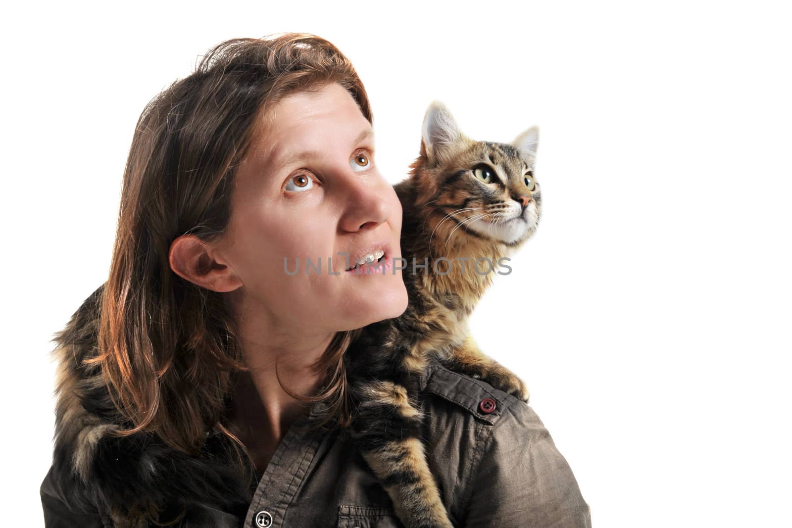 portrait of a purebred  norwegian cat and woman on a white background