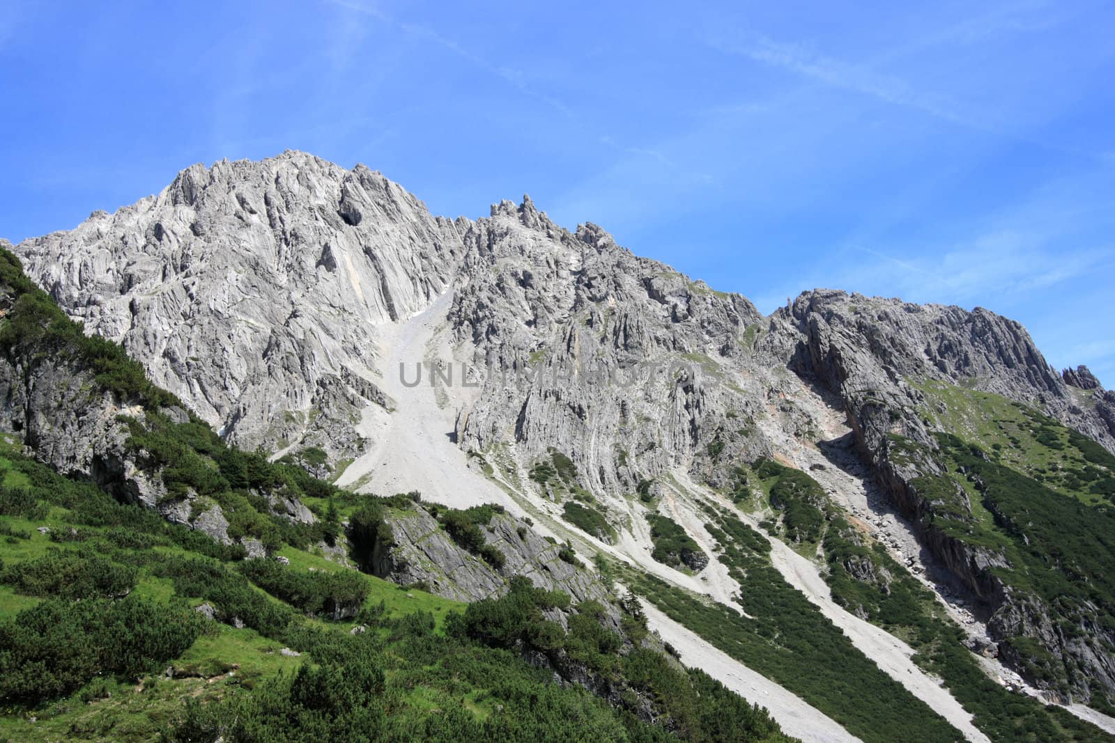 Lechtal Alps landscape. View from the trail to Muttekopf (Tirol, Austria). Looking in direction of Maldon Kopf and Plattein Spitze mountains.