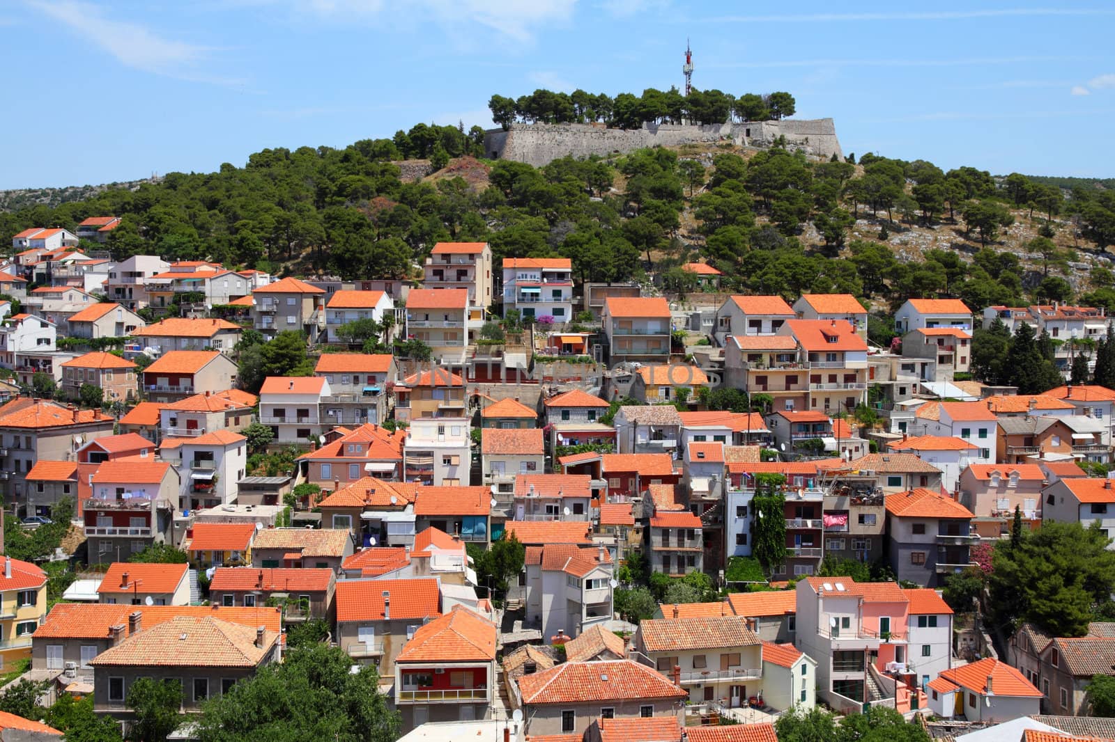 Croatia - Sibenik in Dalmatia. Mediterranean cityscape with fortress.