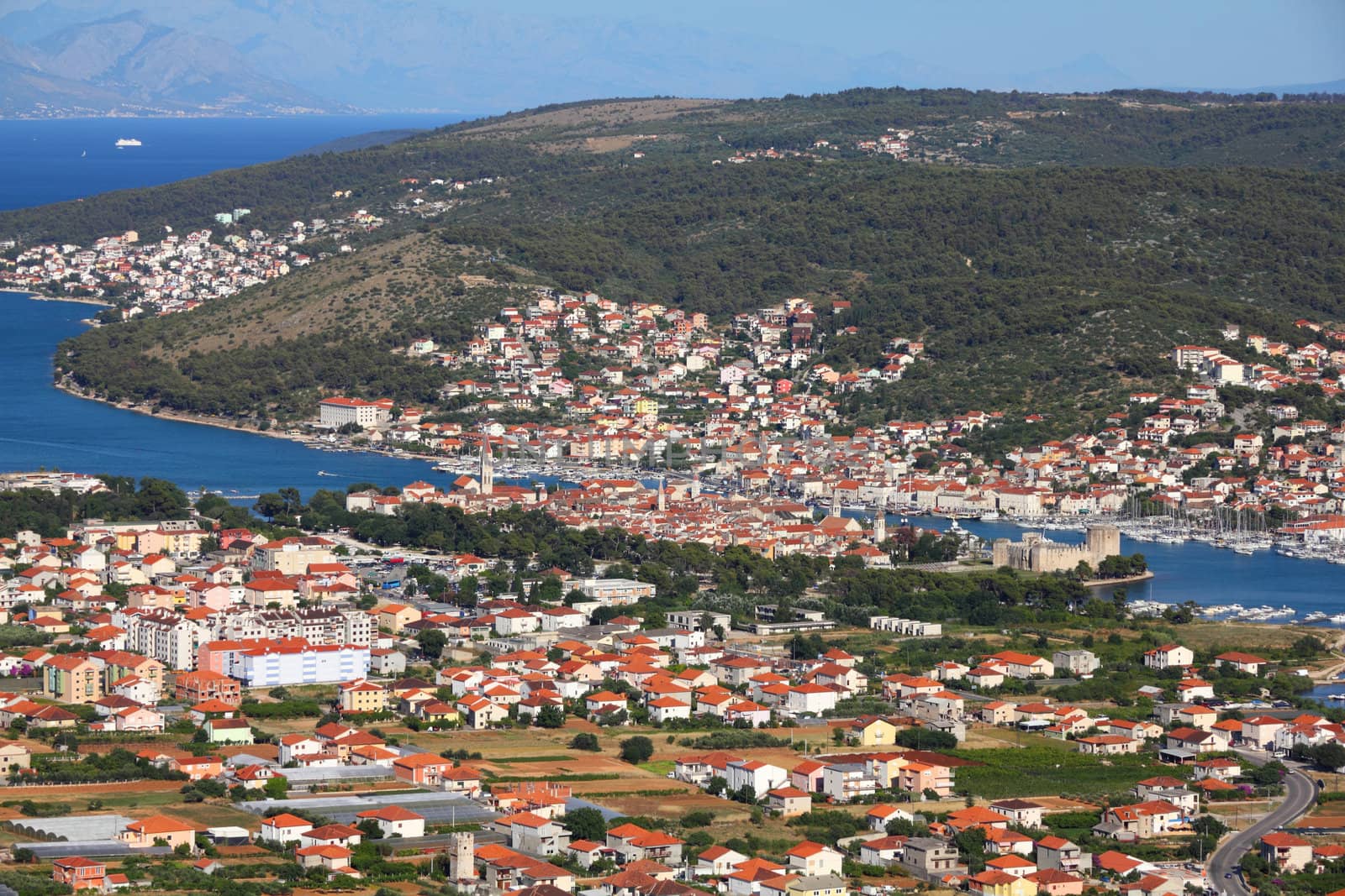 Croatia - aerial view of Trogir in Dalmatia (UNESCO World Heritage Site). Ciovo island in background.