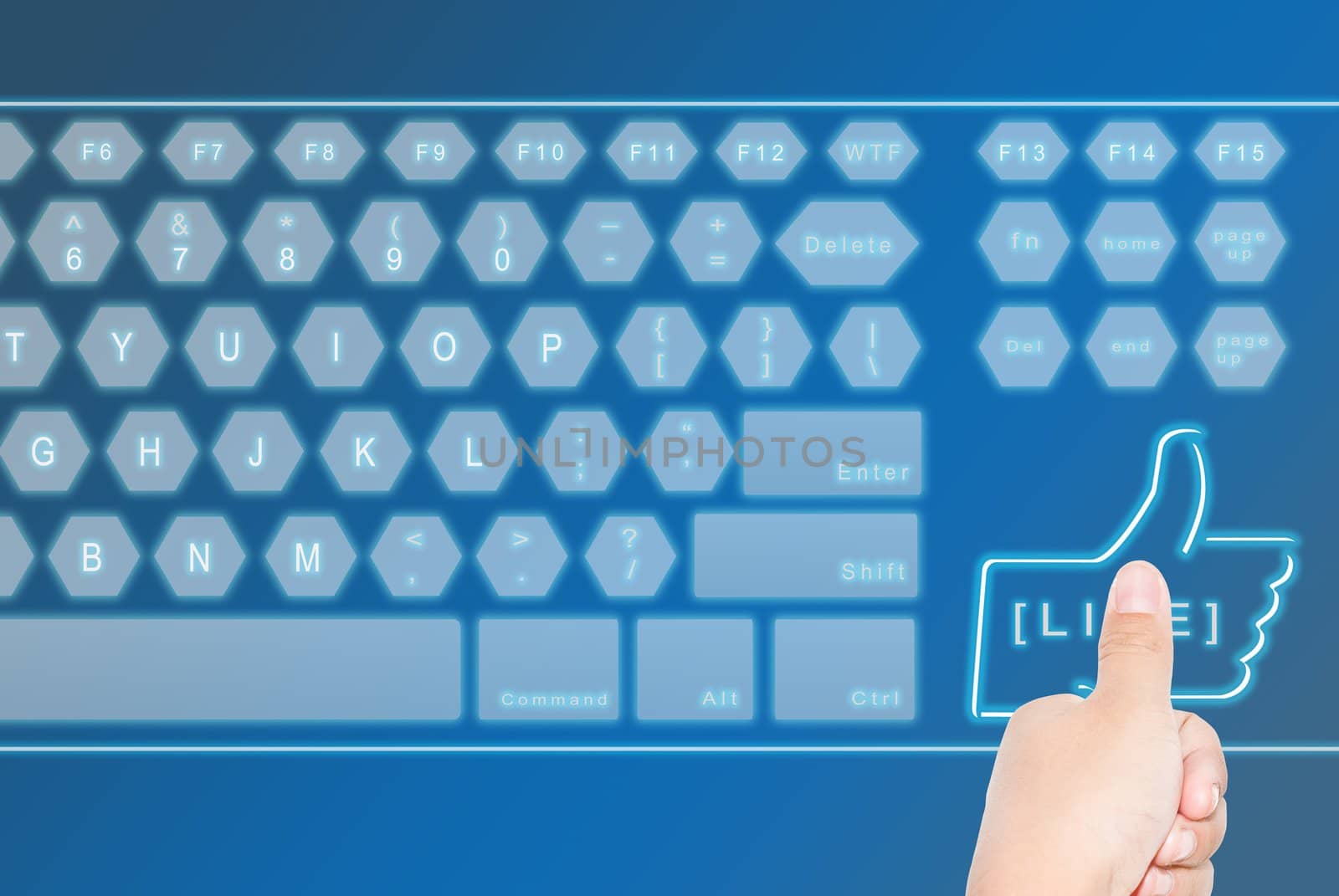 Hand pressing a large LIKE virtual keyboard botton, can be use for various business and background related concepts.