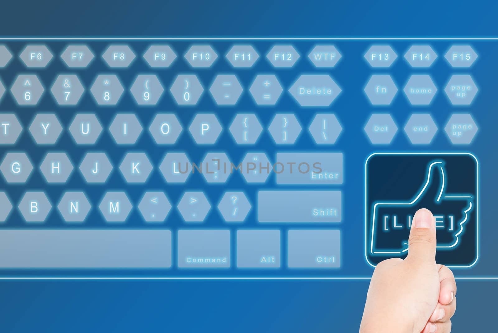 Hand pressing a large LIKE virtual keyboard botton, can be use for various business and background related concepts.