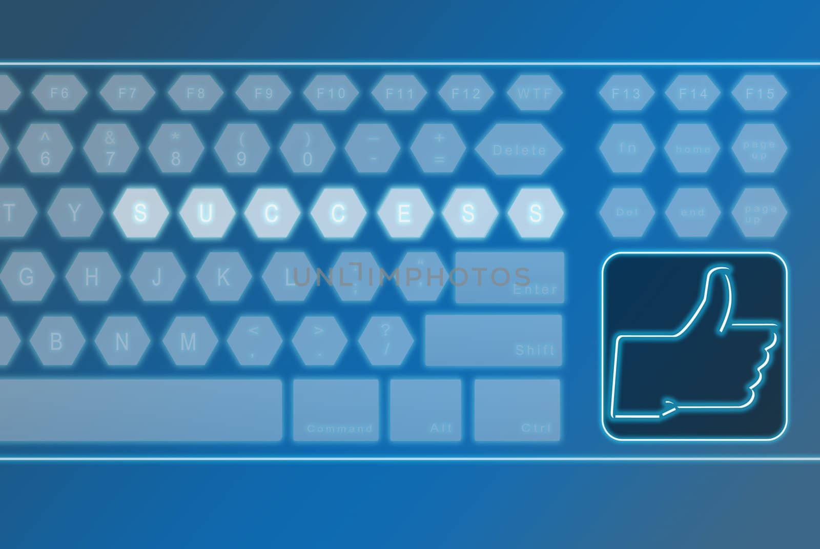 Virtual futuristic keyboard with LIKE button with the word success on the keyboard, can be use for various social media, business, finance, background concept