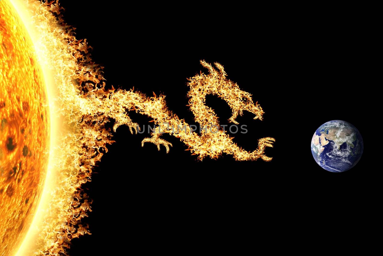 Fire dragon from the Sun heading towards Earth, described the solar storm and solar effect. Can be use for background and prints out.