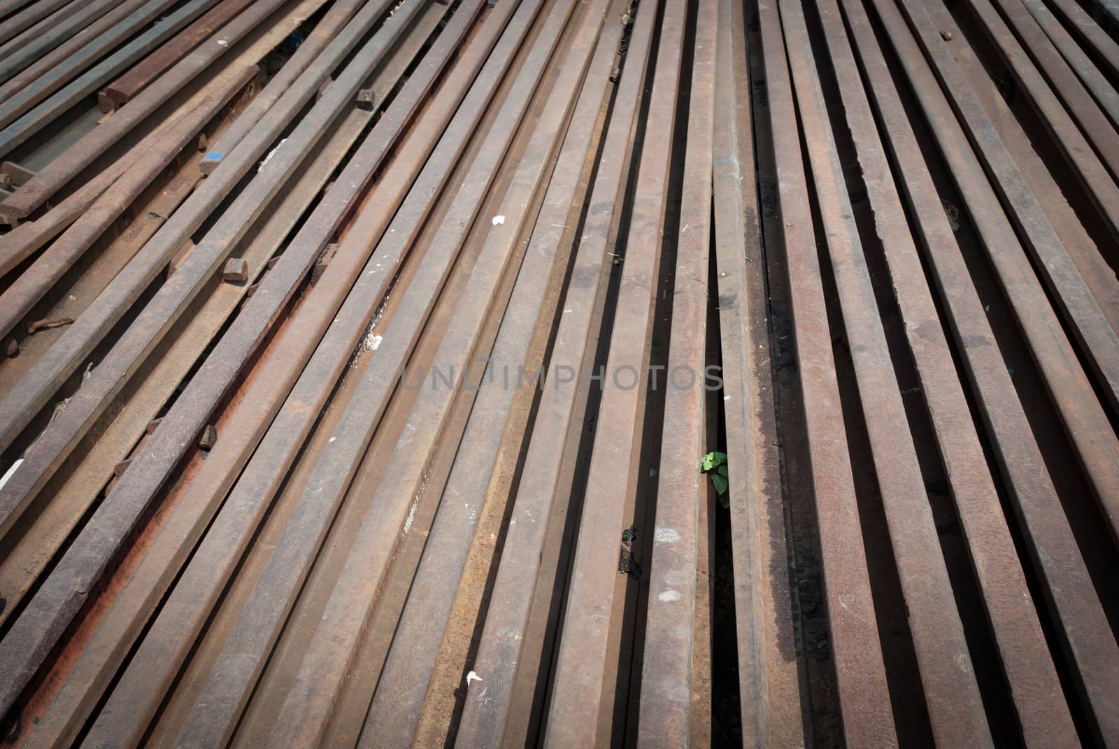 Railway line metal parts background taken on a sunny day
