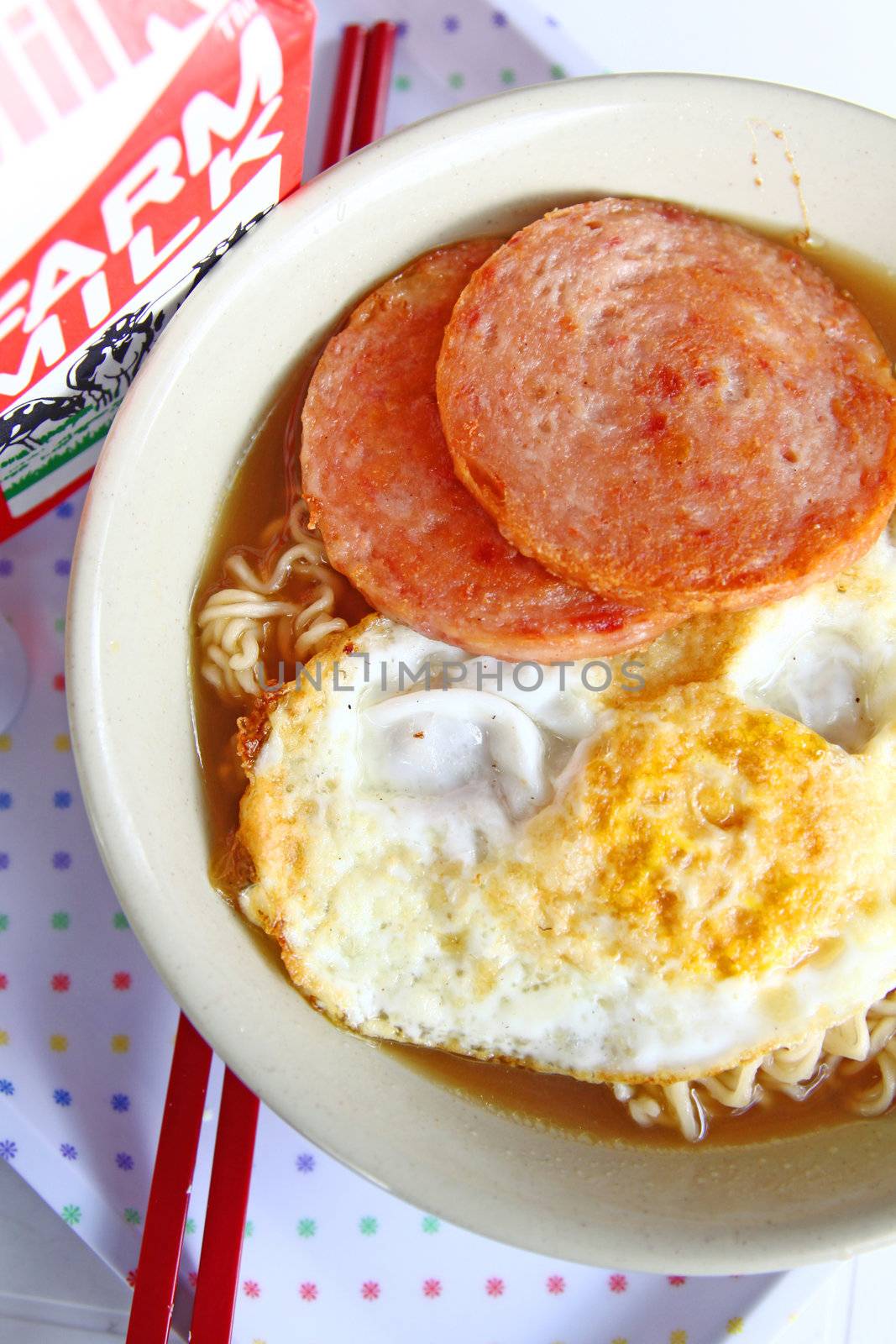 Hong Kong breakfast - milk, egg and meat instant noodles by kawing921