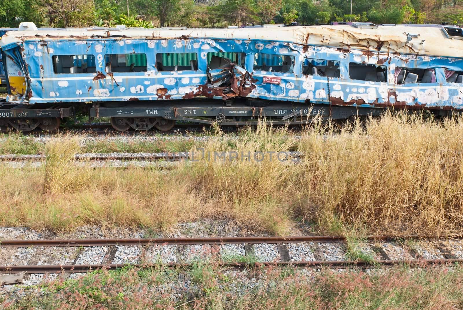A wreckage of crashed or damaged train taken from train yard by sasilsolutions