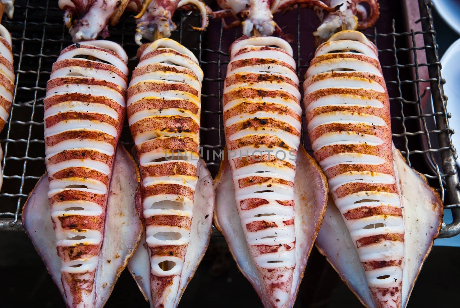 Flame grilled large squids on a bbq platform, use for seafood, health and wellness related concepts
