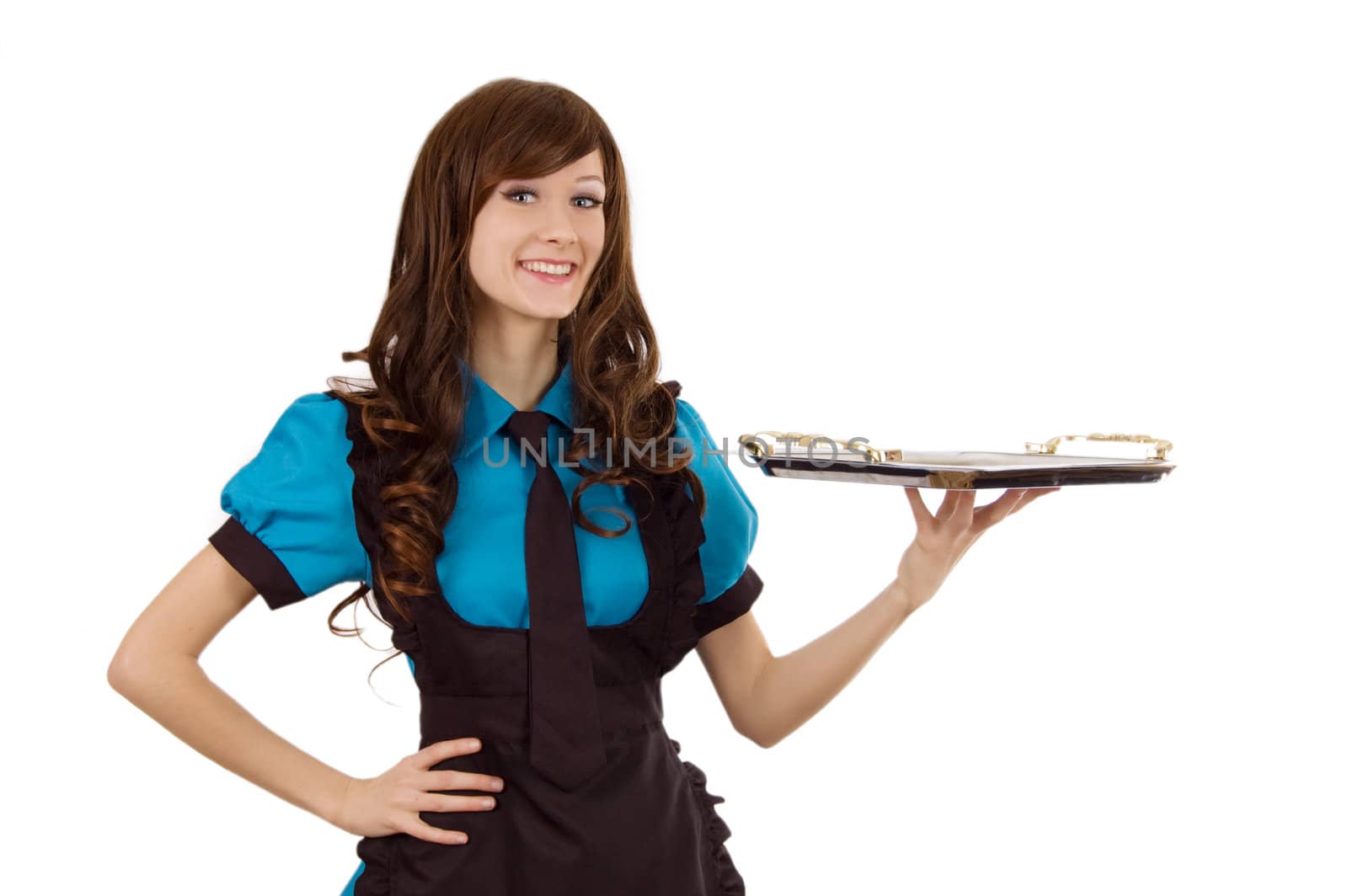 Smiling servant girl with empty tray over white