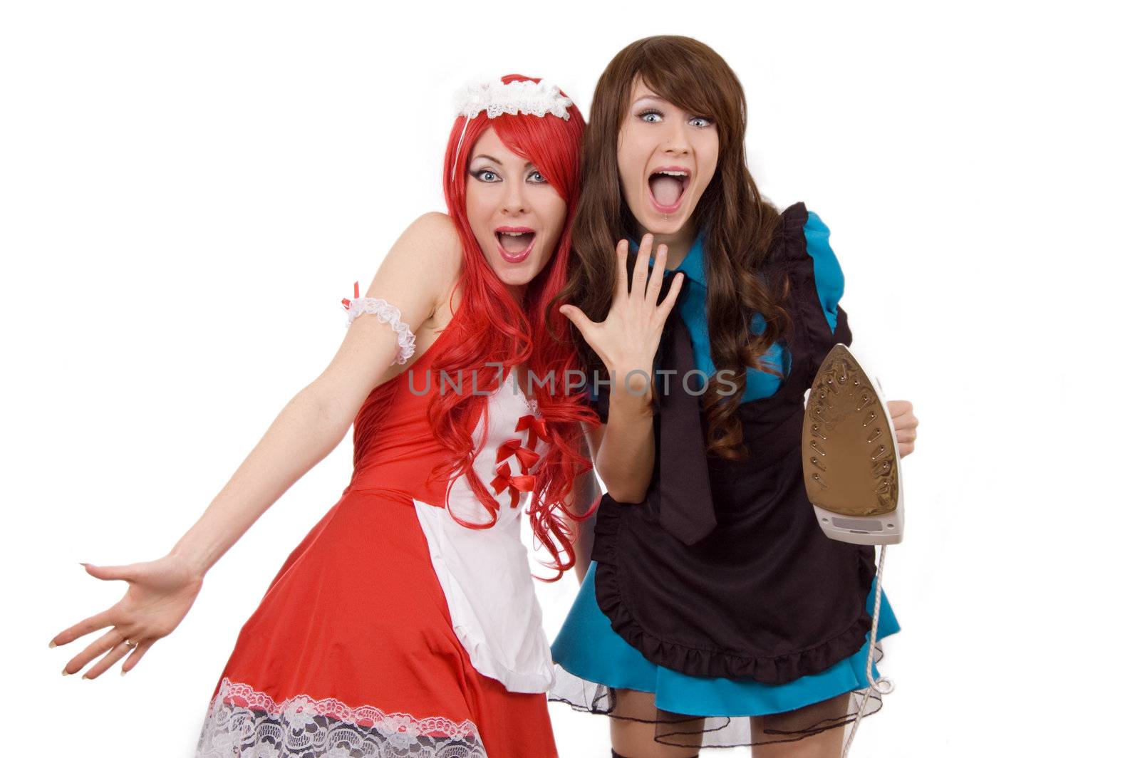 Two shocked servant girls with iron over white