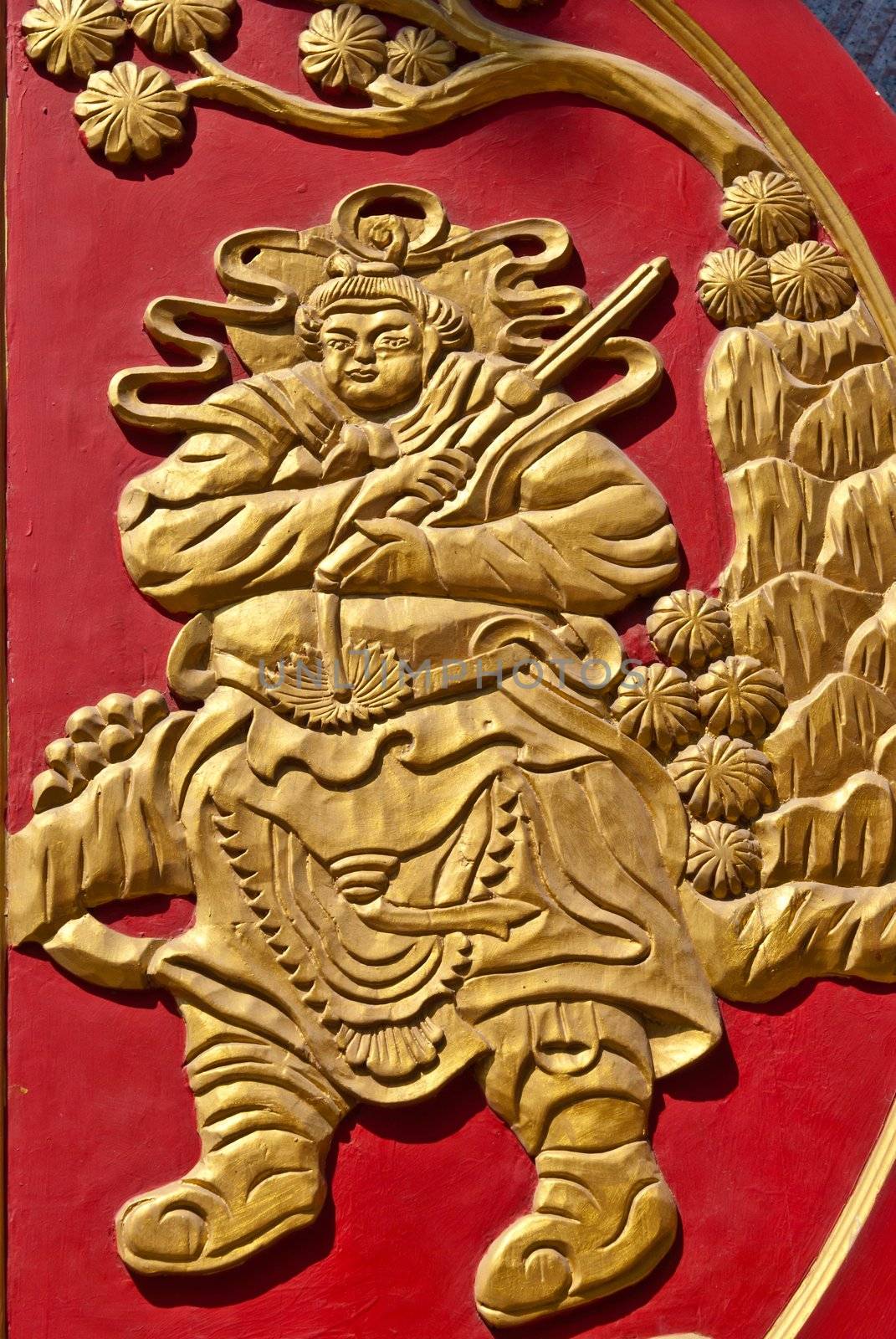 Chinese golden wall art work on red wood by sasilsolutions